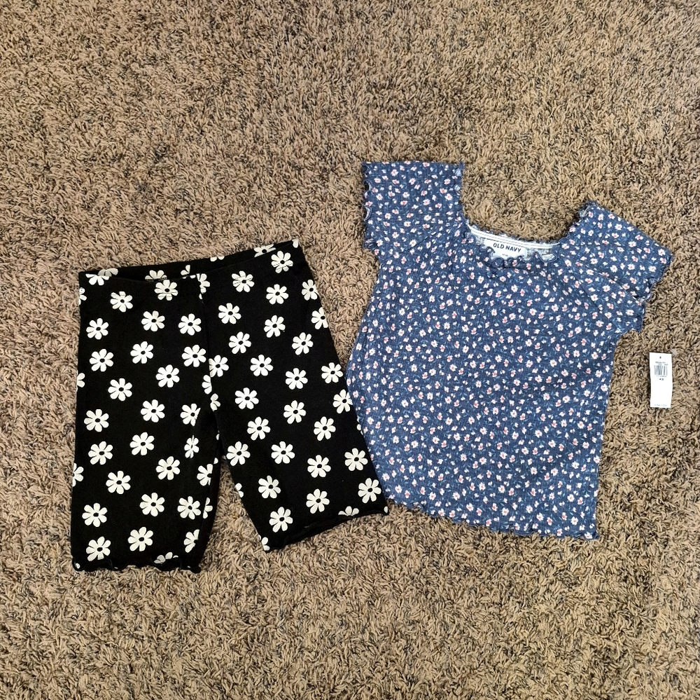 Lot of 2: Old Navy Blue Floral Shirt and Black Floral Shorts Size 8